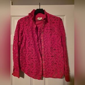Anthropologie MAEVE Pink Lace Button-Up Top